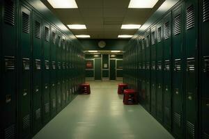 3d tolkning av en skola korridor med förvaringsskåp och röd stolar, skåp rum, ai genererad foto