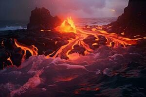 3d illustration av en lava strömma strömmande in i de hav på solnedgång, lava är som förs in i de hav med många små flöden, ai genererad foto