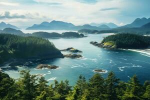 skön se av de pacific hav i vancouver, brittiskt columbia, Kanada, landskap av tofino täckt i grönska omgiven förbi de hav i de vancouver öar, Kanada, ai genererad foto