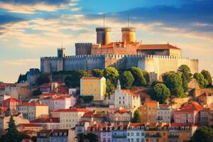 gammal stad av vilnius på solnedgång. vilnius är de huvudstad av litauen, Lissabon, portugal horisont med sao jorge slott, ai genererad foto