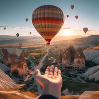 imponerande äventyr, utforska de himmel ovan cappadocia i en varm luft ballong. ai genererad foto