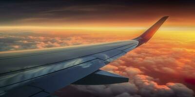 flygplan plan vinge på solnedgång tid genom moln, ai generativ foto