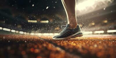 löpare fötter löpning på en stadion, närbild på fötter, sporter bakgrund, Plats för kopiera, ai generativ foto