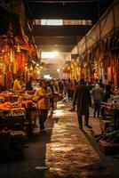 fängslande bild av en lokal- marknadsföra i marrakech, marocko, livliga med säljare och hoppers foto