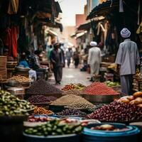 fängslande bild av en lokal- marknadsföra i marrakech, marocko, livliga med säljare och hoppers foto