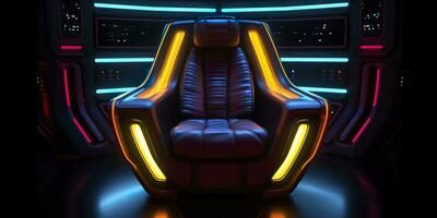80s inspirerad kapten stol från stjärna vandra med neon lampor och cockpit interiör bakgrund. ai generativ foto