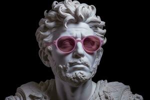 de huvud av en vit mytologisk staty med modern rosa glasögon på hans ögon, ram i profil. ai generativ foto