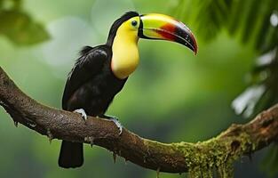 kastanj underkäken toucan Sammanträde på de gren i tropisk regn med en grön djungel. generativ ai foto
