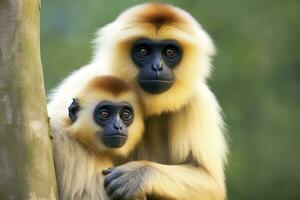 stänga bild av kindat gibbon apa mor med en barn i de skog. generativ ai foto