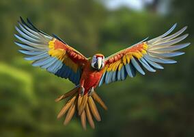 flygande ara, skön fågel. generativ ai foto