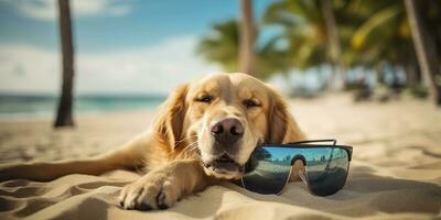 gyllene retriever hund är på sommar semester på havet tillflykt och avkopplande resten på sommar strand av hawaii. ai generativ foto