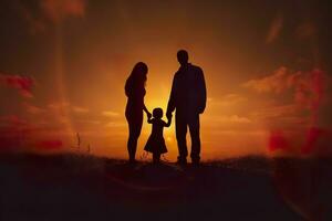 skugga av Lycklig familj tillsammans, föräldrar med deras liten bebis på solnedgång. en silhuett av kärlek och enhet. ai generativ foto