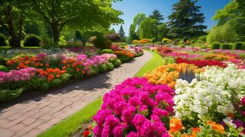 en fantastisk blomma trädgård spricker med vibrerande vektor konst genererad förbi ai foto