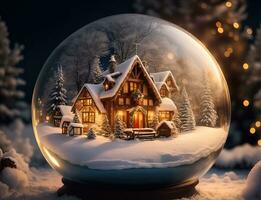 ai generativ vibrerande mysigt fantastisk vinter- jul träd inuti klar kristall boll foto