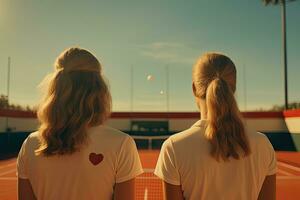 tillbaka se av två flickor med hjärtan på tennis domstol mot blå himmel, kvinna tennis spelare spelar, bak- se, ai genererad foto