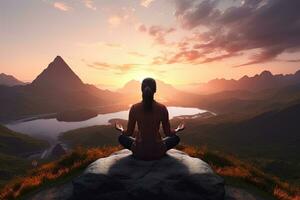 kvinna mediterar på de topp av de berg på solnedgång, 3d framställa, kvinna mediterar på topp av en berg med skön solnedgång bakgrund, bak- se, full kropp, ai genererad foto