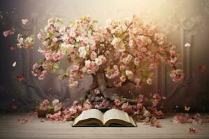 öppen bok med körsbär blomma träd på trä- tabell och årgång bakgrund, blomma äpple träd och bok bakgrund, ai genererad foto