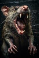 aggressiv råtta på mörk bakgrund. generativ ai foto