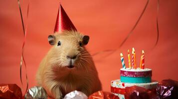 söt liten sällskapsdjur guinea gris bär en blå rosett slips och fest hatt foto