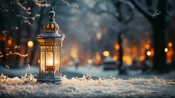 ai-genererad lykta på natt i de parkera i de snö för ny år och jul foto