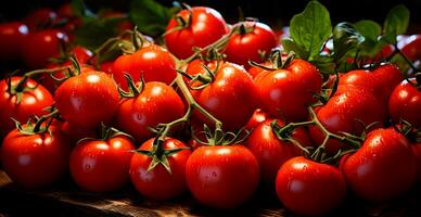 massor av mogen röd färsk tomater, eco Produkter - ai genererad bild foto