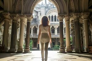 skön ung kvinna i främre av de notre dame de paris, Frankrike, kvinna turist sightseeing på st josephs katedral, bak- se, full kropp, ai genererad foto