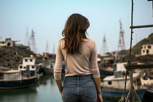 bak- se av en ung kvinna stående med henne tillbaka till de kamera i främre av en fiske hamn, kvinna turist stående i främre av de zhengbin fiske hamn njuter de se, bak- se, ai genererad foto