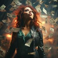 attraktiv ung kvinna står under pengar flyga regn, ai genererad foto