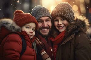 en familj i vinter- kläder står och chatt i främre av en hus i vinter- foto