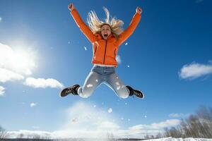 kvinna Hoppar med glädje på snöig berg i vinter- foto