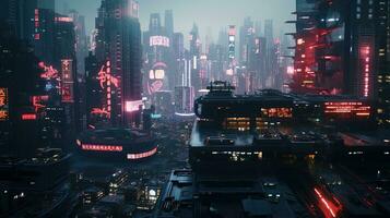 Drönare se av en detaljerad cyberpunk stad foto