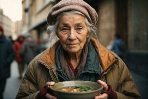 ett äldre fattig kvinna på de gata med en skål av soppa. de social problem av fattigdom och hunger. ai generativ foto