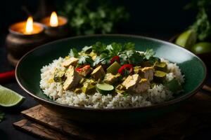 kommersiell Foto av indisk mat på en mörk bakgrund, vegetarian curry med ris och grönsaker, traditionell indisk mat, kryddor. ai generativ