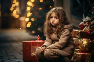 allvarlig ledsen liten flicka är Sammanträde i främre av en jul träd generativ ai foto