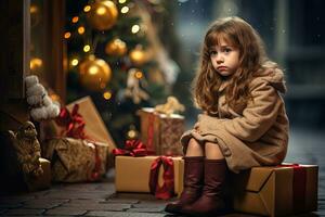allvarlig ledsen liten flicka är Sammanträde i främre av en jul träd generativ ai foto