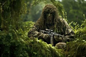 soldat i de skog med en maskin pistol. krig begrepp, ghillie kostym prickskytt kamouflage Sammanträde på en djungel, ai genererad foto