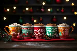 varm dryck med marshmallows och godis sockerrör i färgrik muggar. gran kottar, kryddor i de bakgrund. jul varm drycker samling. glad jul. ai generativ foto