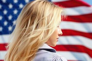blond flicka mot de bakgrund av en suddig oss flagga. genererad förbi artificiell intelligens foto