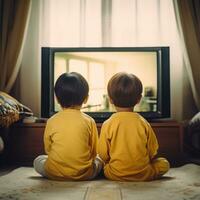ai genererad två japansk Pojkar, åldrig 7 och 10, Sammanträde i en sovrum, uppslukad i tittar på en retro TV ai genererad foto