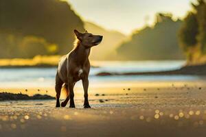 en hund stående på de strand på solnedgång. ai-genererad foto