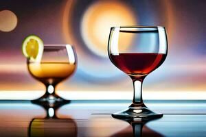 två glasögon av vin på en tabell. ai-genererad foto