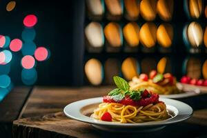 spaghetti med tomat och basilika på en tallrik. ai-genererad foto