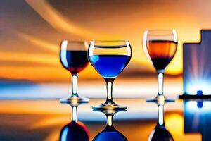 vin glasögon på en tabell med en solnedgång i de bakgrund. ai-genererad foto