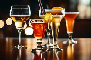 en grupp av annorlunda alkoholhaltig drycker på en bar. ai-genererad foto