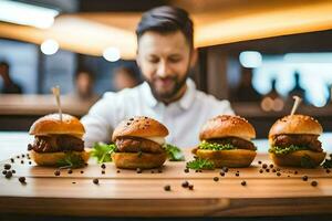 en man är framställning en bricka av hamburgare. ai-genererad foto