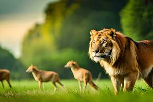 en lejon och en grupp av rådjur i de gräs. ai-genererad foto