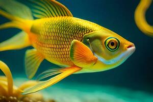 en gul fisk med blå ögon simning i ett akvarium. ai-genererad foto