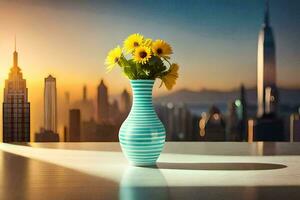 solrosor i en vas på en tabell i främre av en stad horisont. ai-genererad foto