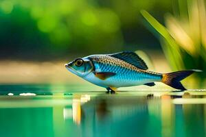 en fisk är stående på de vatten i främre av en grön bakgrund. ai-genererad foto