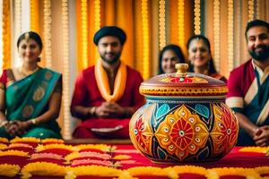 indisk bröllop ceremoni med en pott och blommor. ai-genererad foto